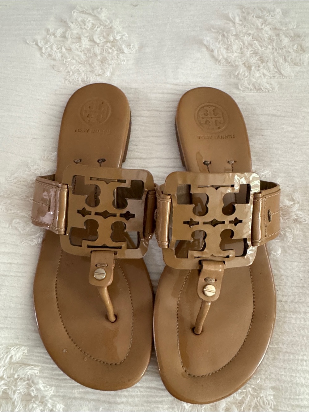 Tory Burch Glossy Tan Miller Logo Thong Sandals